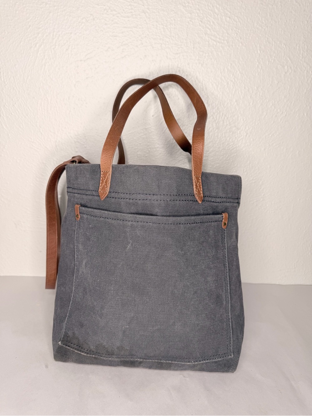 Madewell gray canvas tote bag tan leather straps - Picture 2 of 8